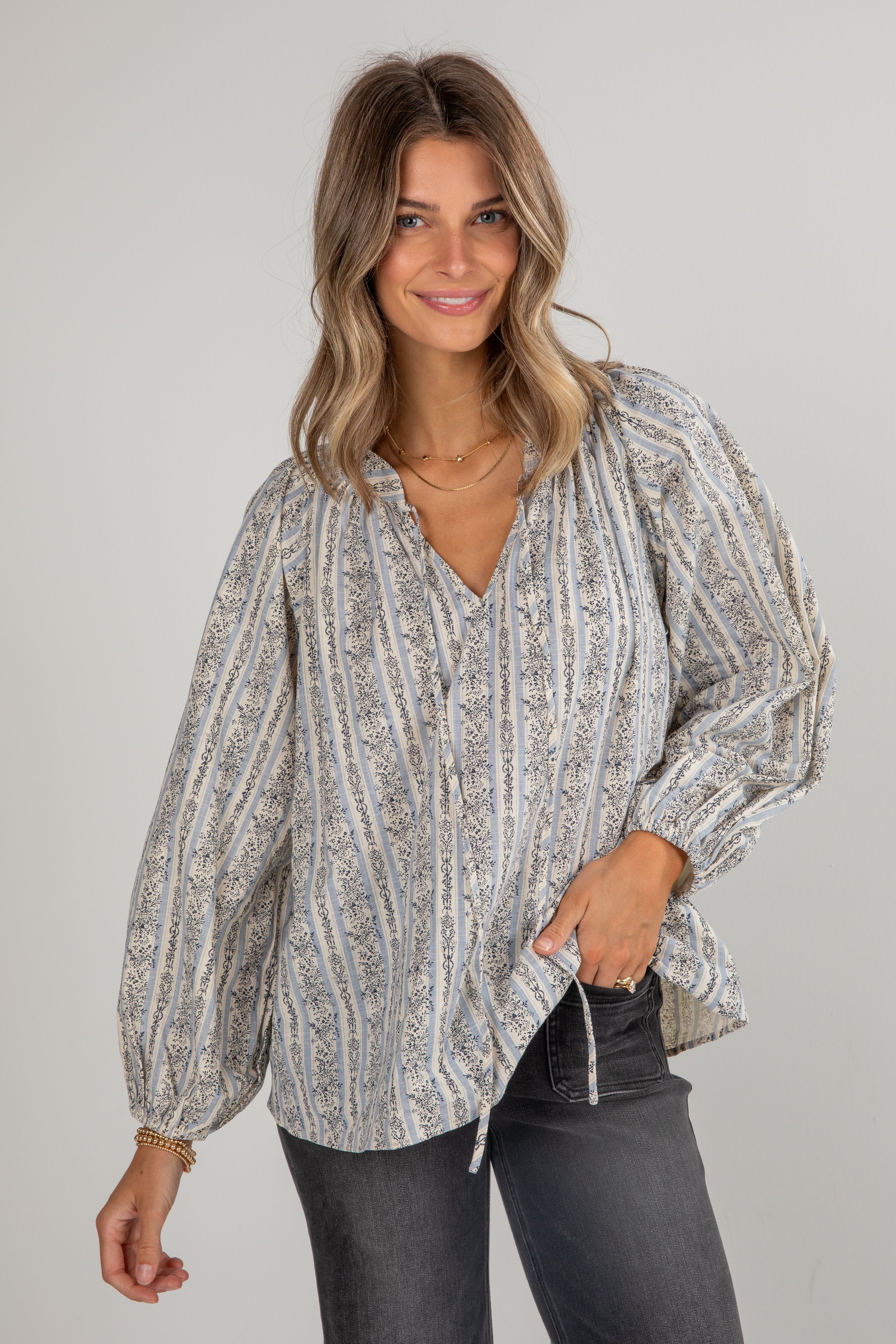 FINAL SALE - Forever In Love Light Blue Floral Striped Blouse