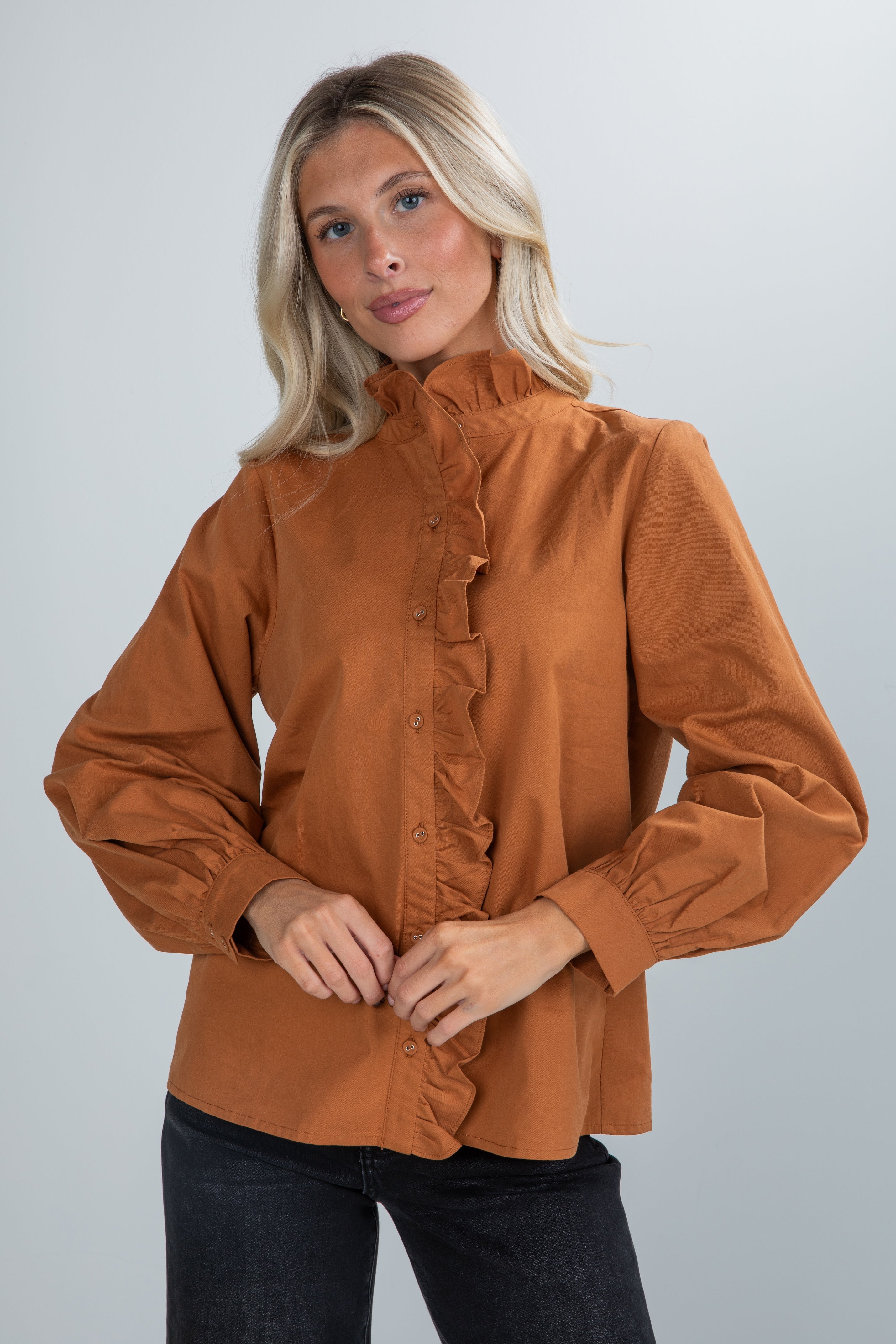 FINAL SALE - Marvelous Darling Camel Ruffle Blouse