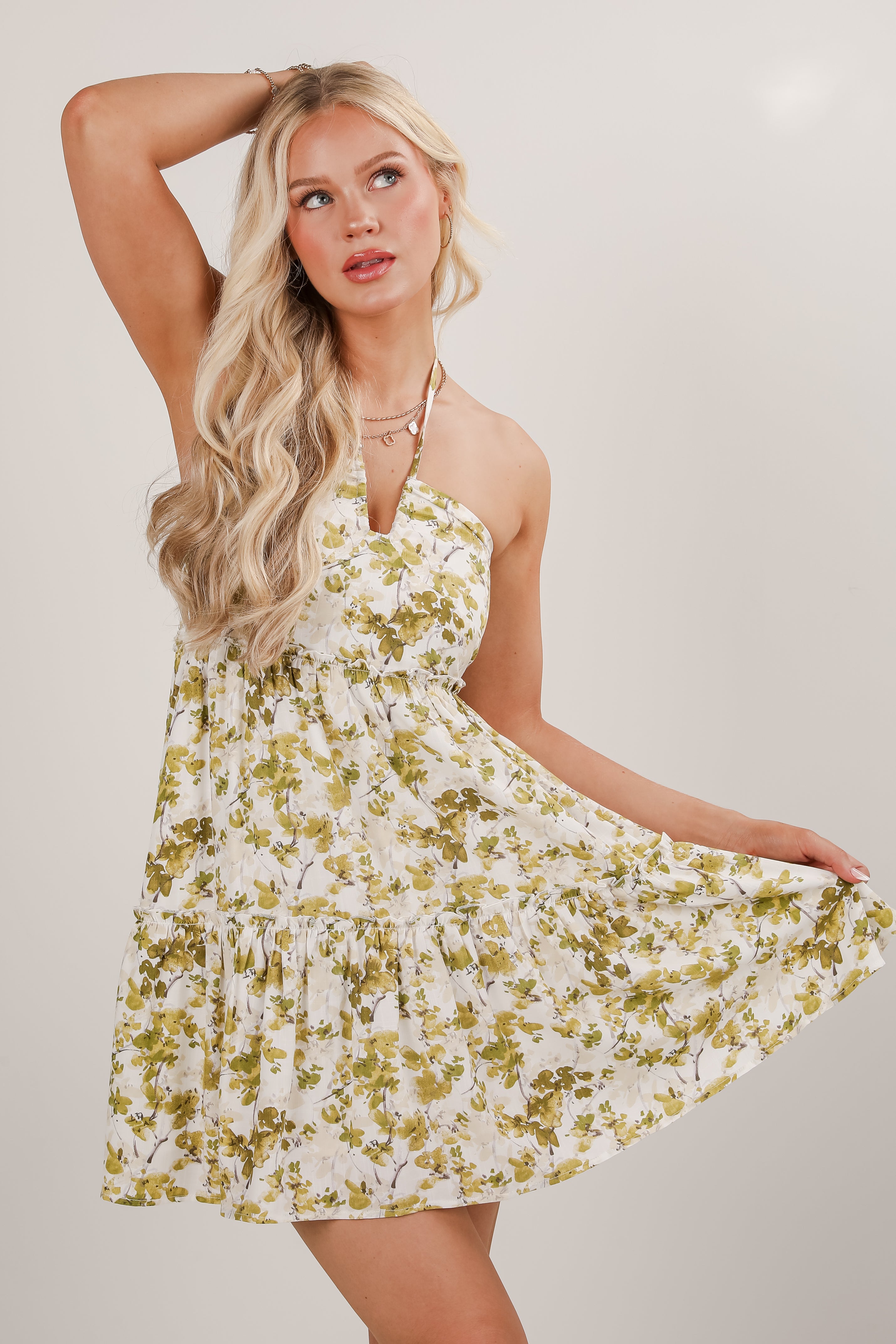 FINAL SALE - Falling In Love Light Olive Floral Halter Mini Dress