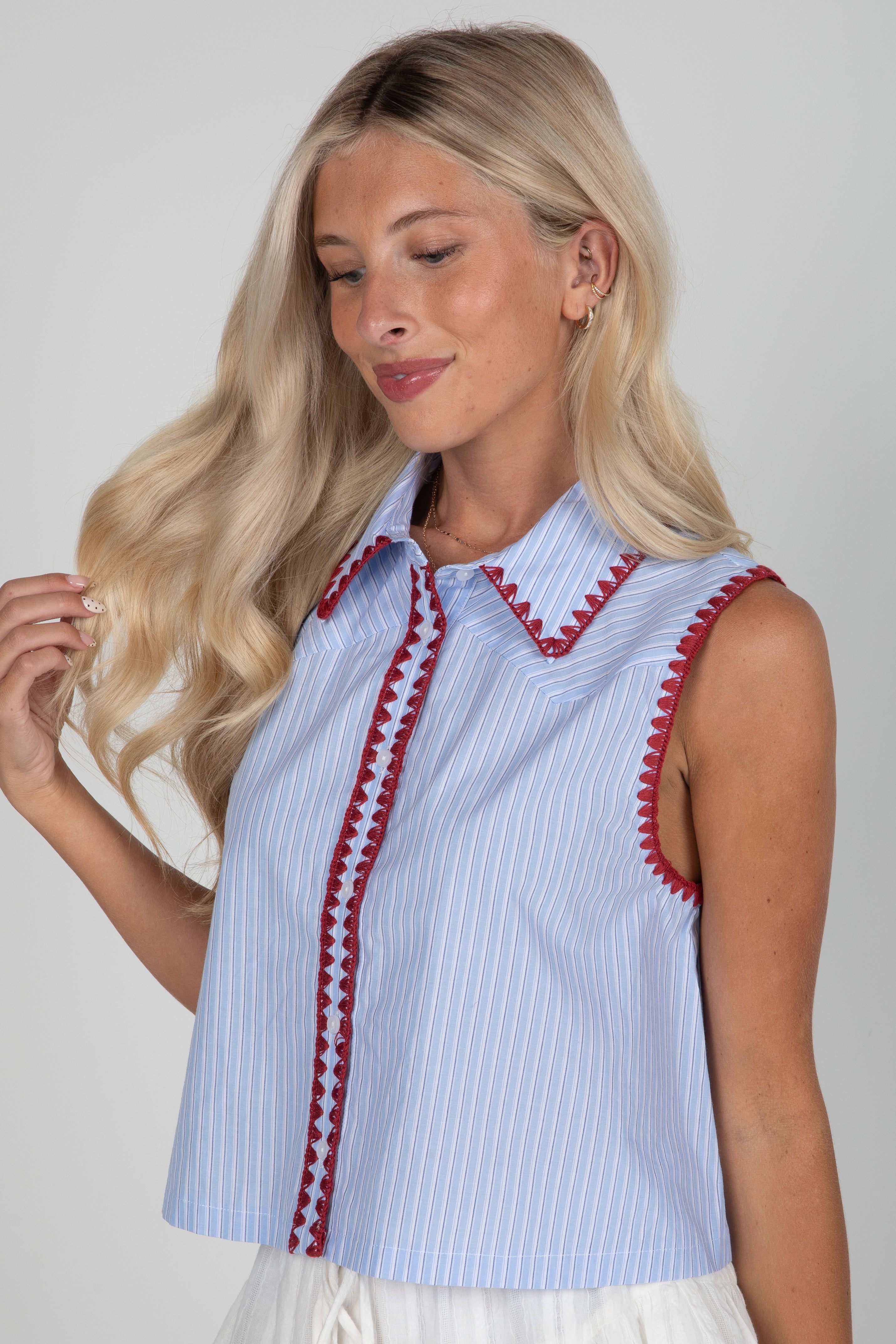 FINAL SALE - Sophisticated Company Blue Striped Collared Tank
