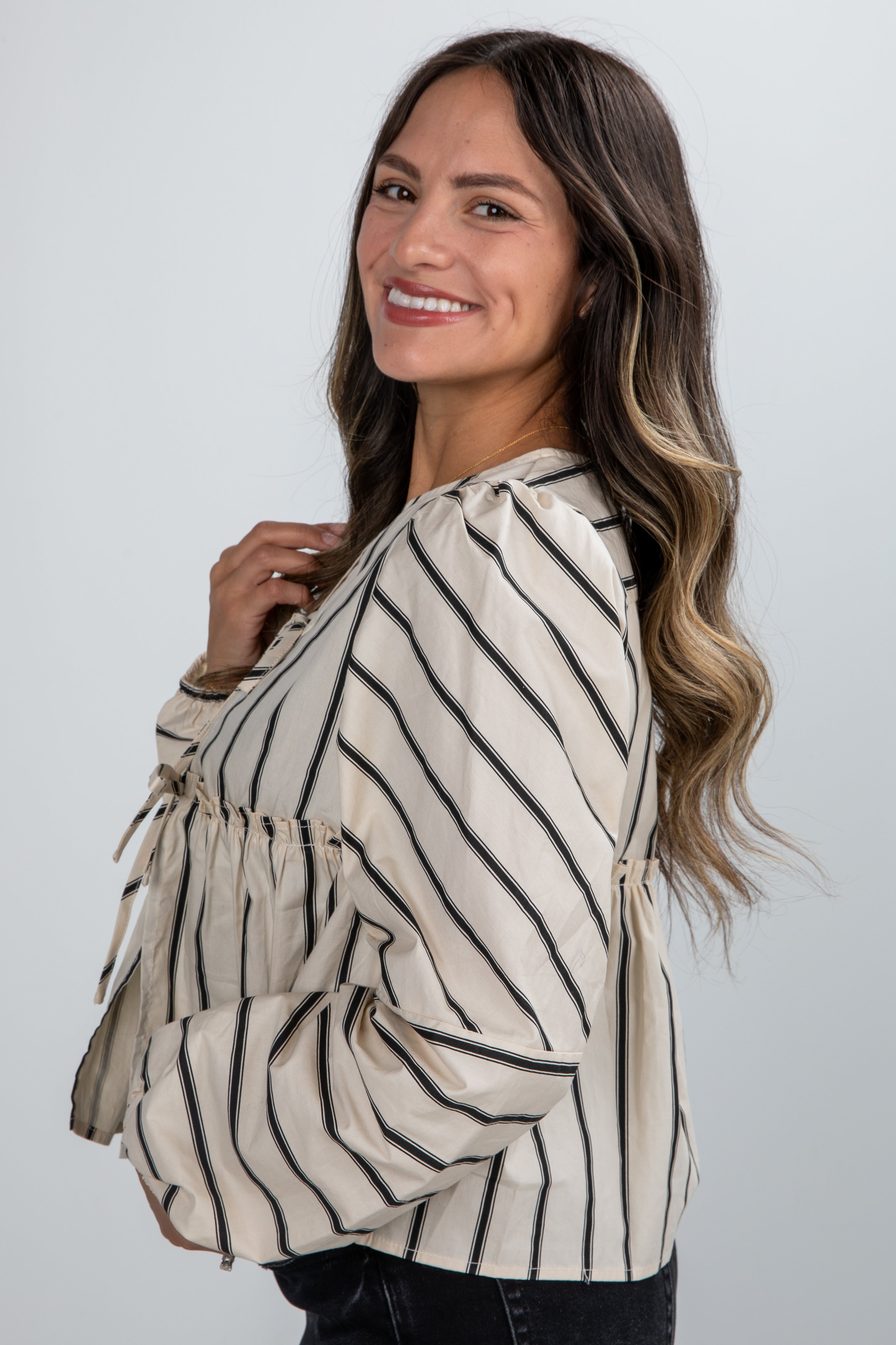 FINAL SALE - Classy Attitude Cream Striped Tie Blouse