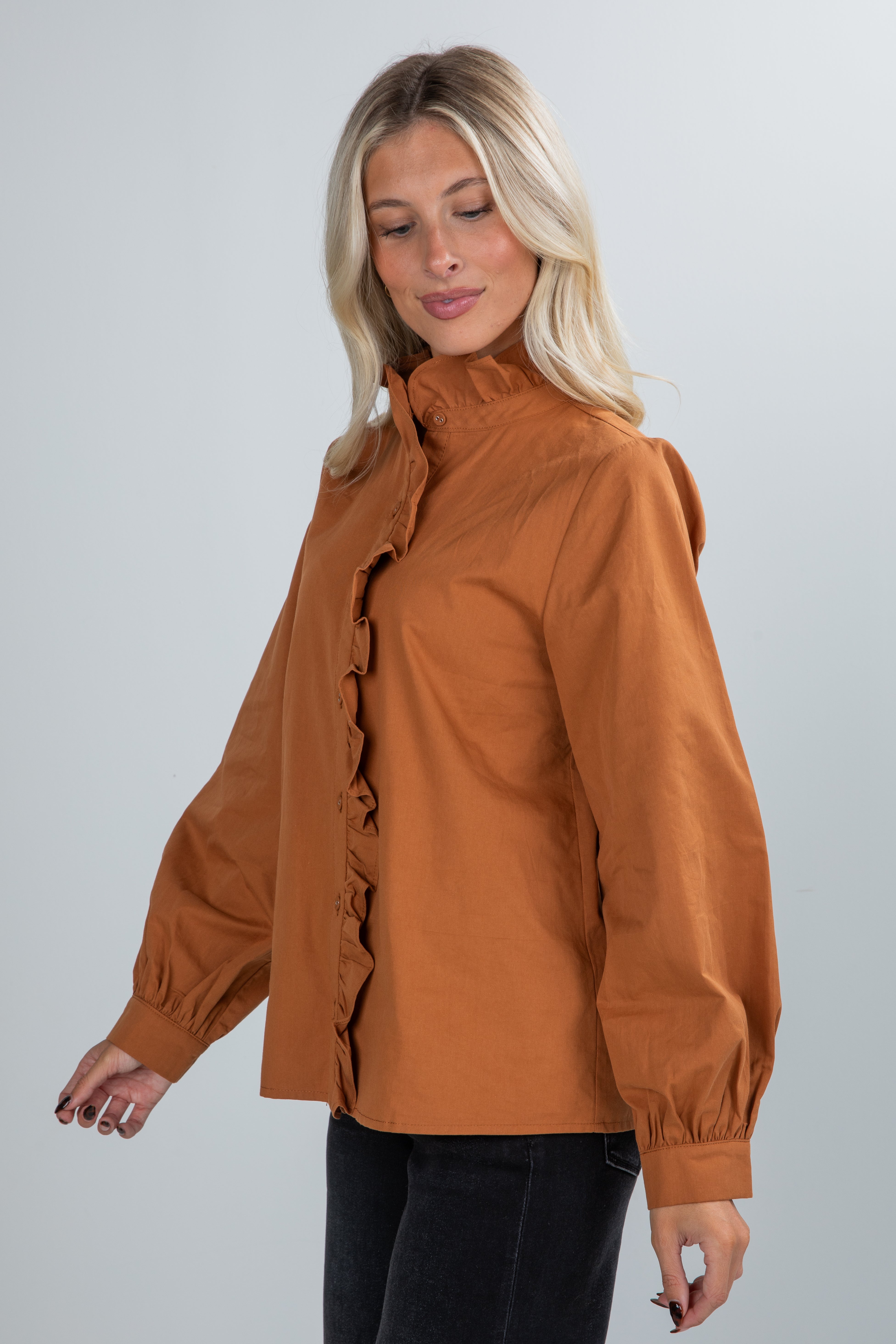 FINAL SALE - Marvelous Darling Camel Ruffle Blouse