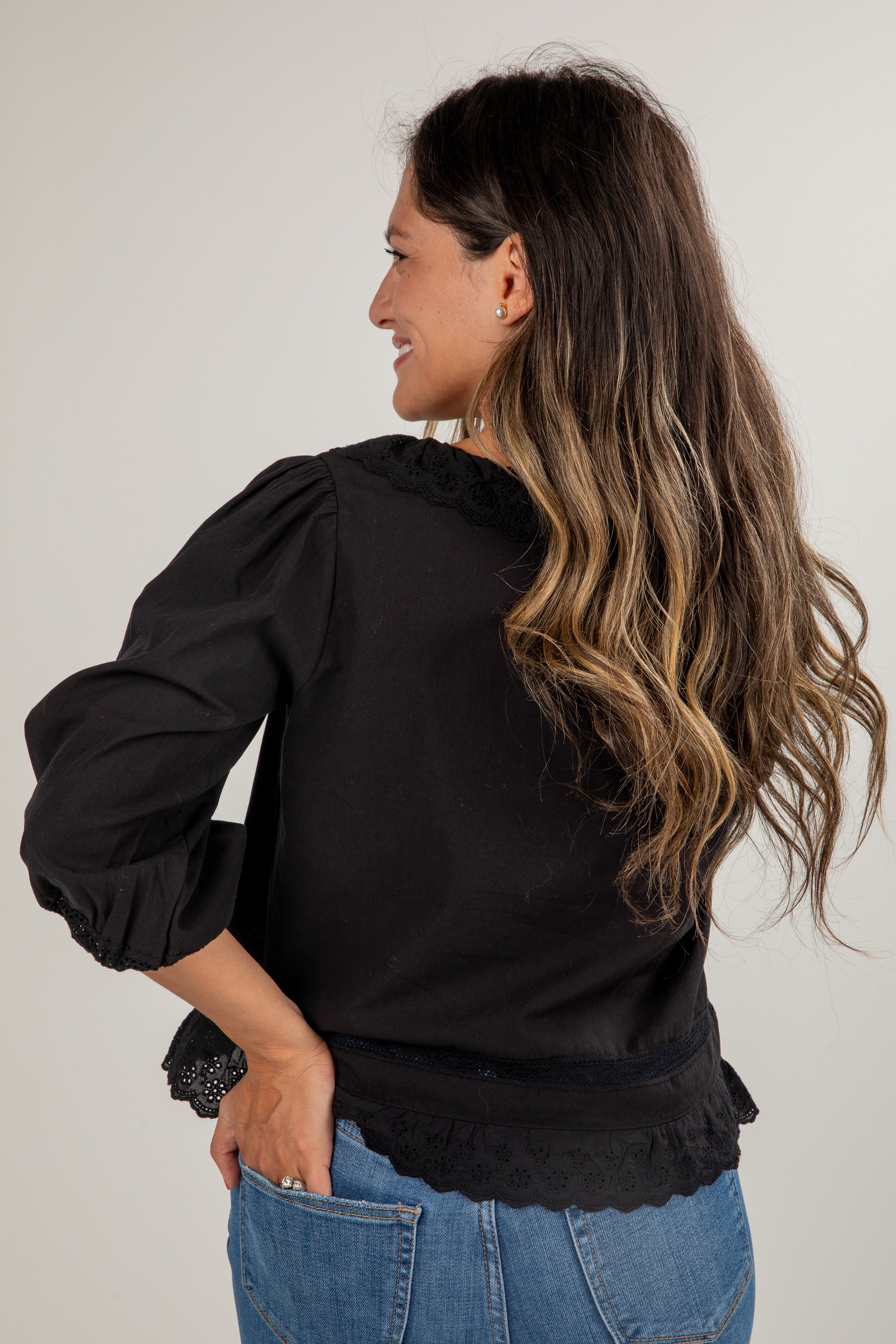 FINAL SALE - All My Dreams Black Eyelet Tie Blouse