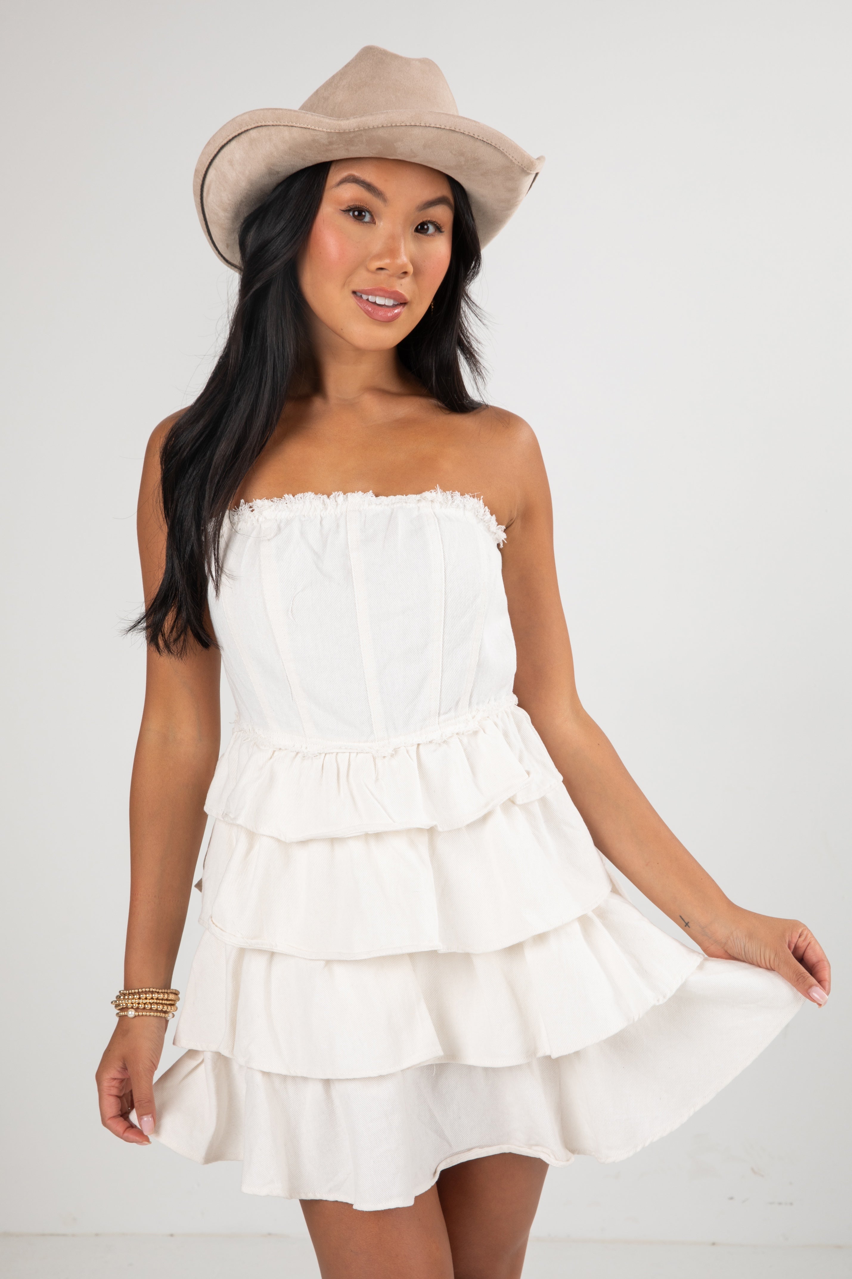 FINAL SALE - First Down Tiered Strapless Mini Dress