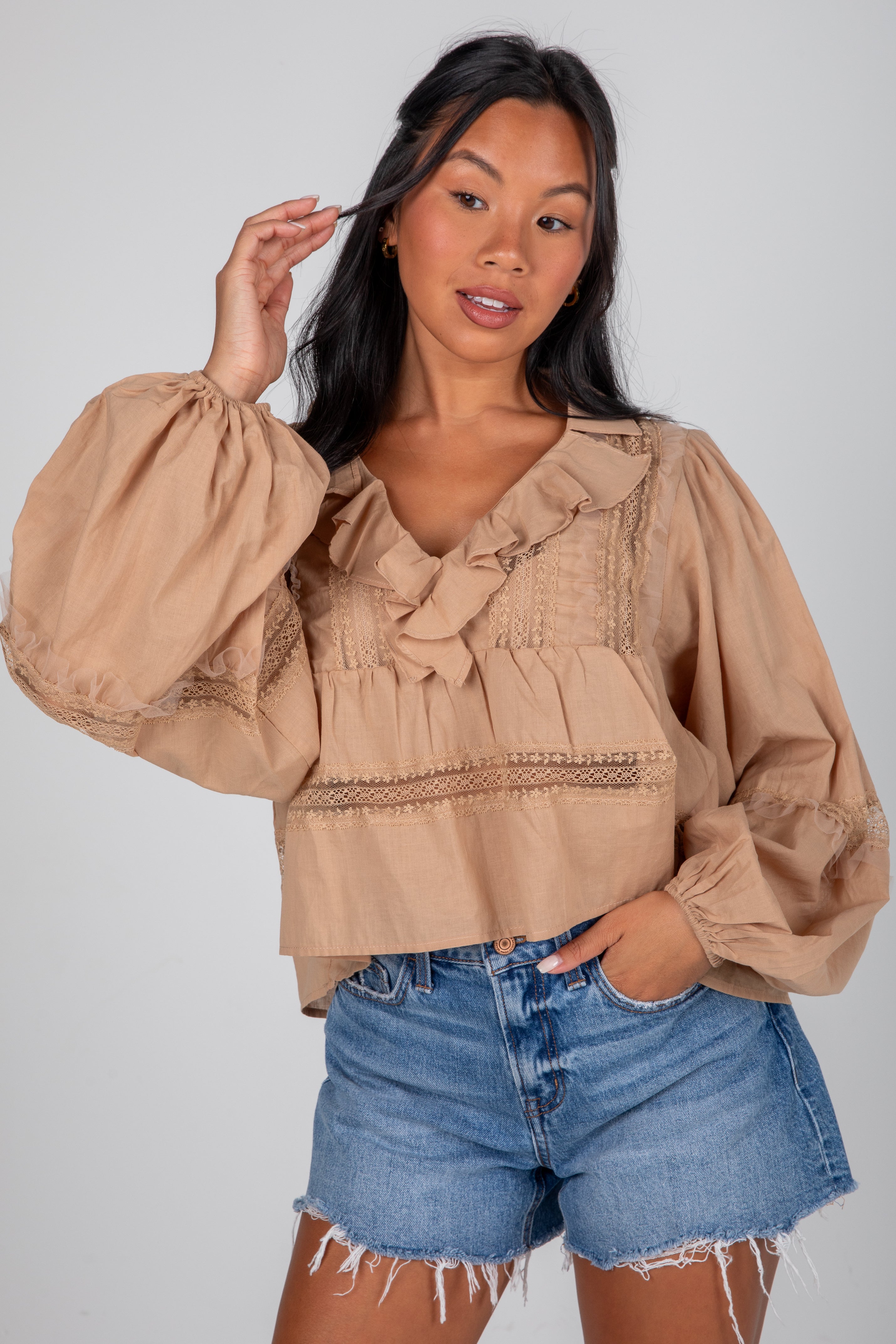 FINAL SALE - Own The Moment Taupe Lace Ruffle Blouse