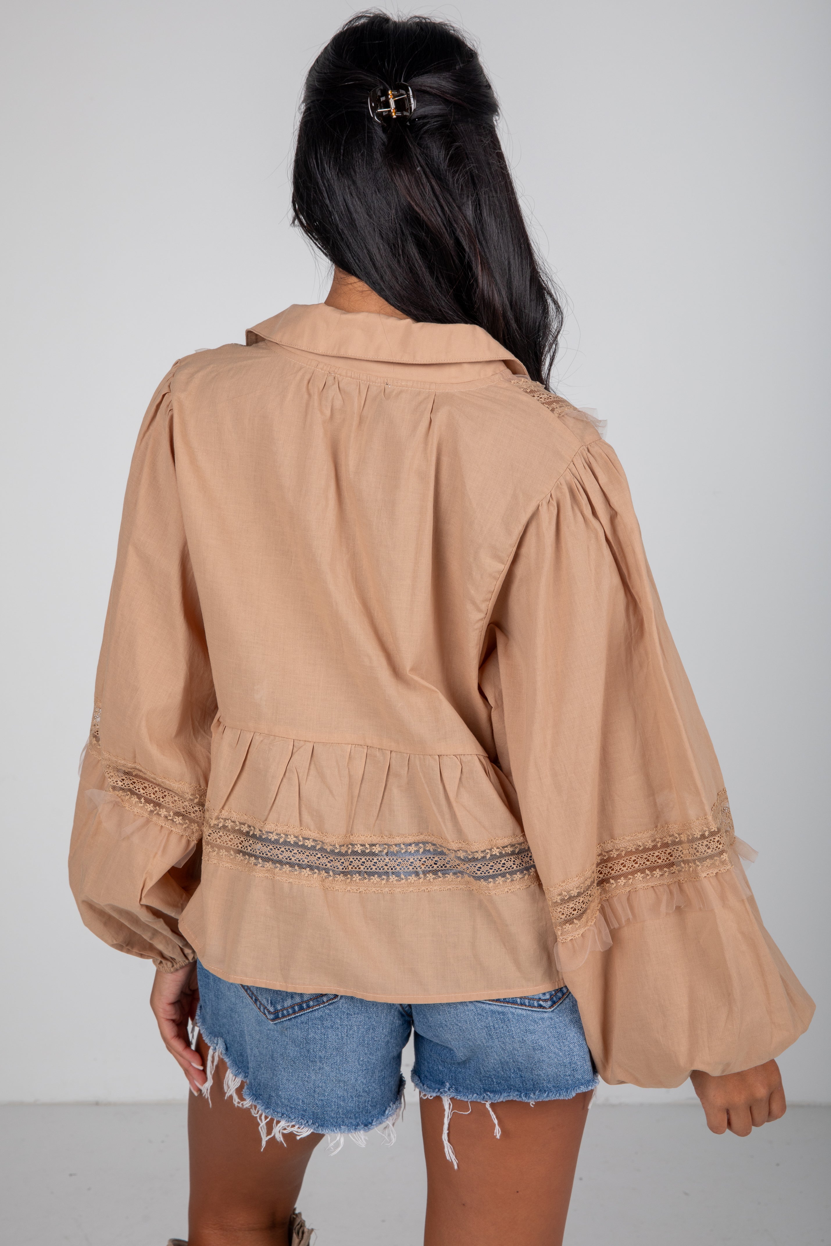 FINAL SALE - Own The Moment Taupe Lace Ruffle Blouse