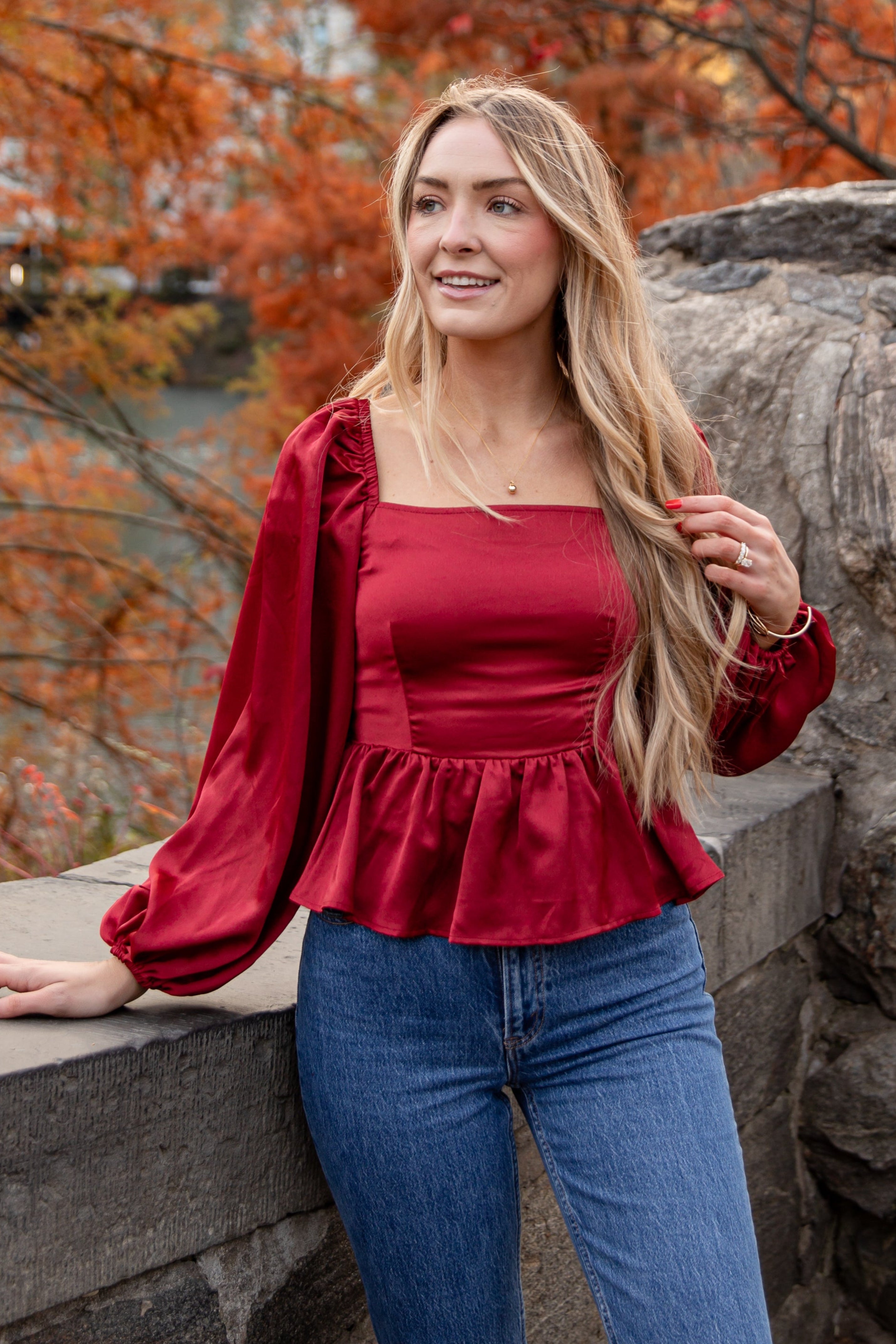 FINAL SALE - Graceful Presence Burgundy Satin Peplum Blouse