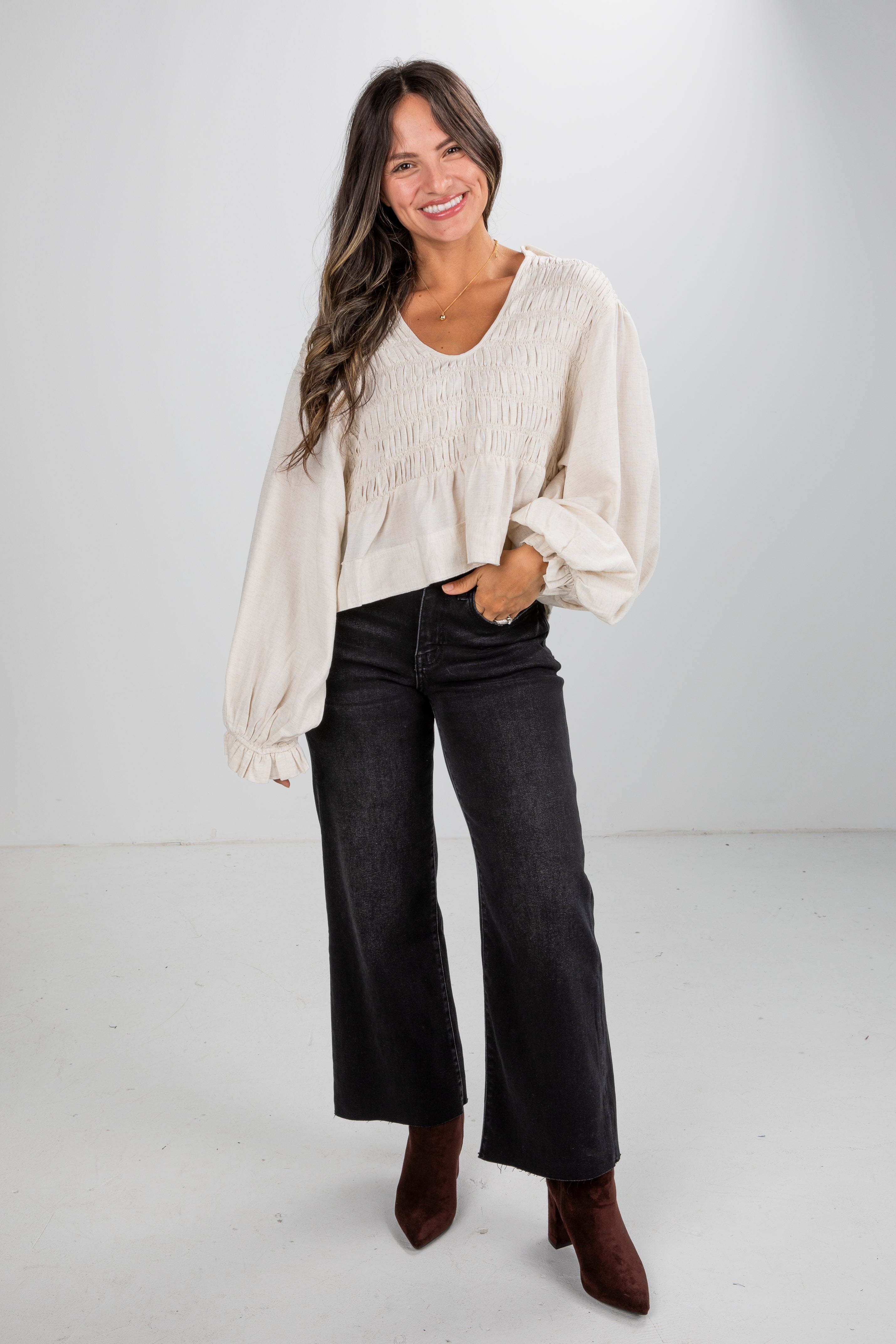FINAL SALE - All In Time Oatmeal Smocked Blouse