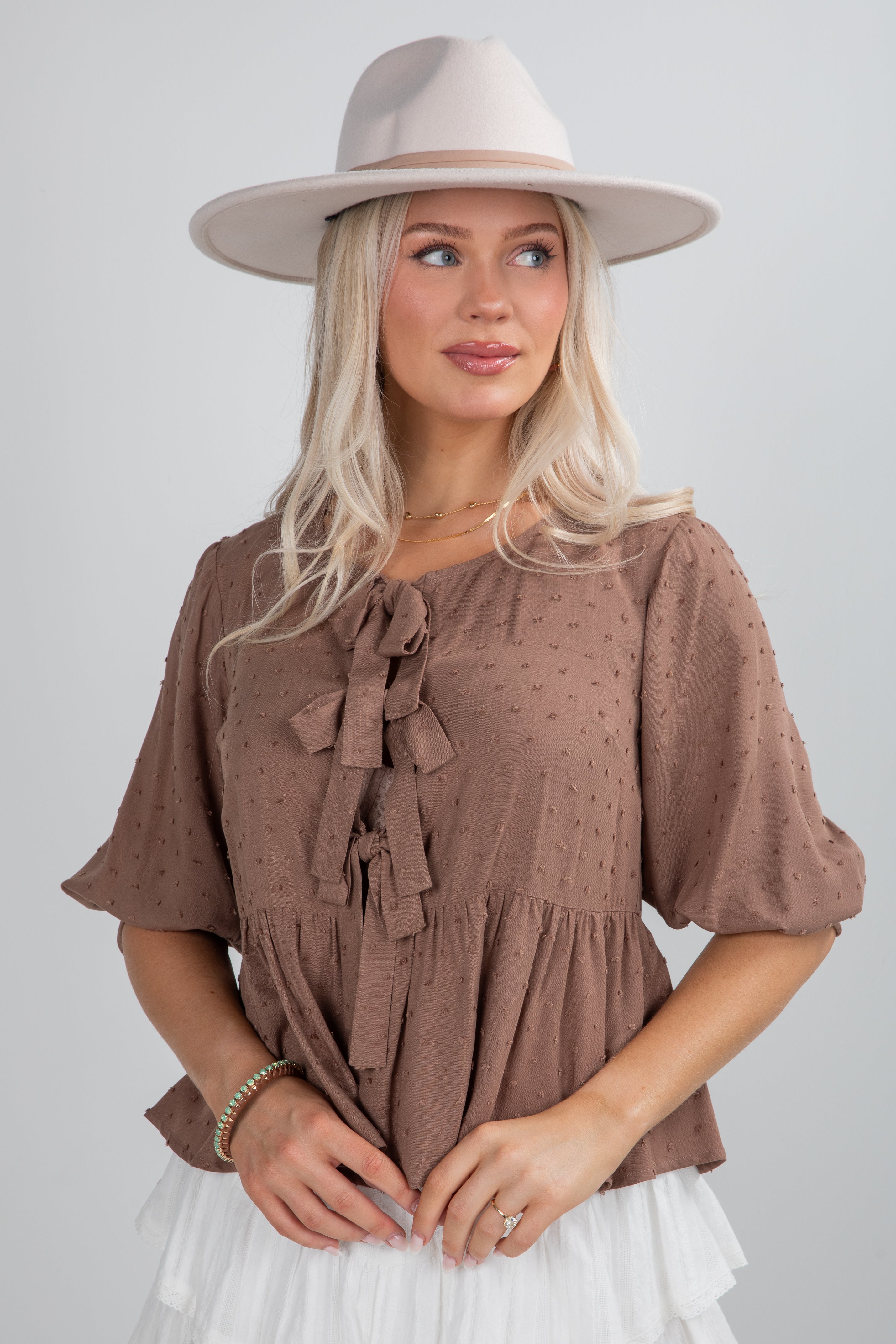 FINAL SALE - Fall For Me Mocha Tie Blouse