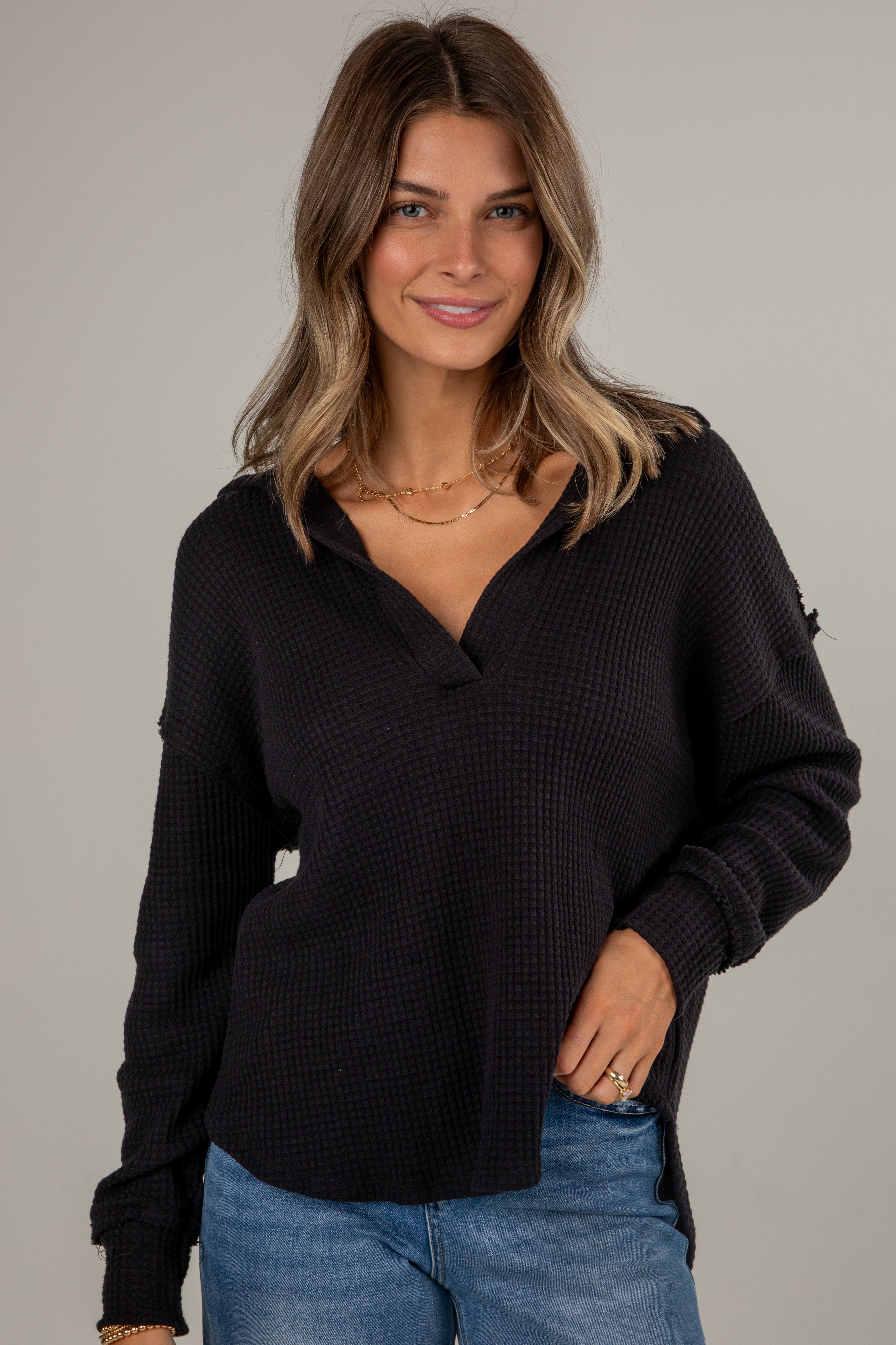 FINAL SALE - Casual Coziness Collared Waffle Knit Top