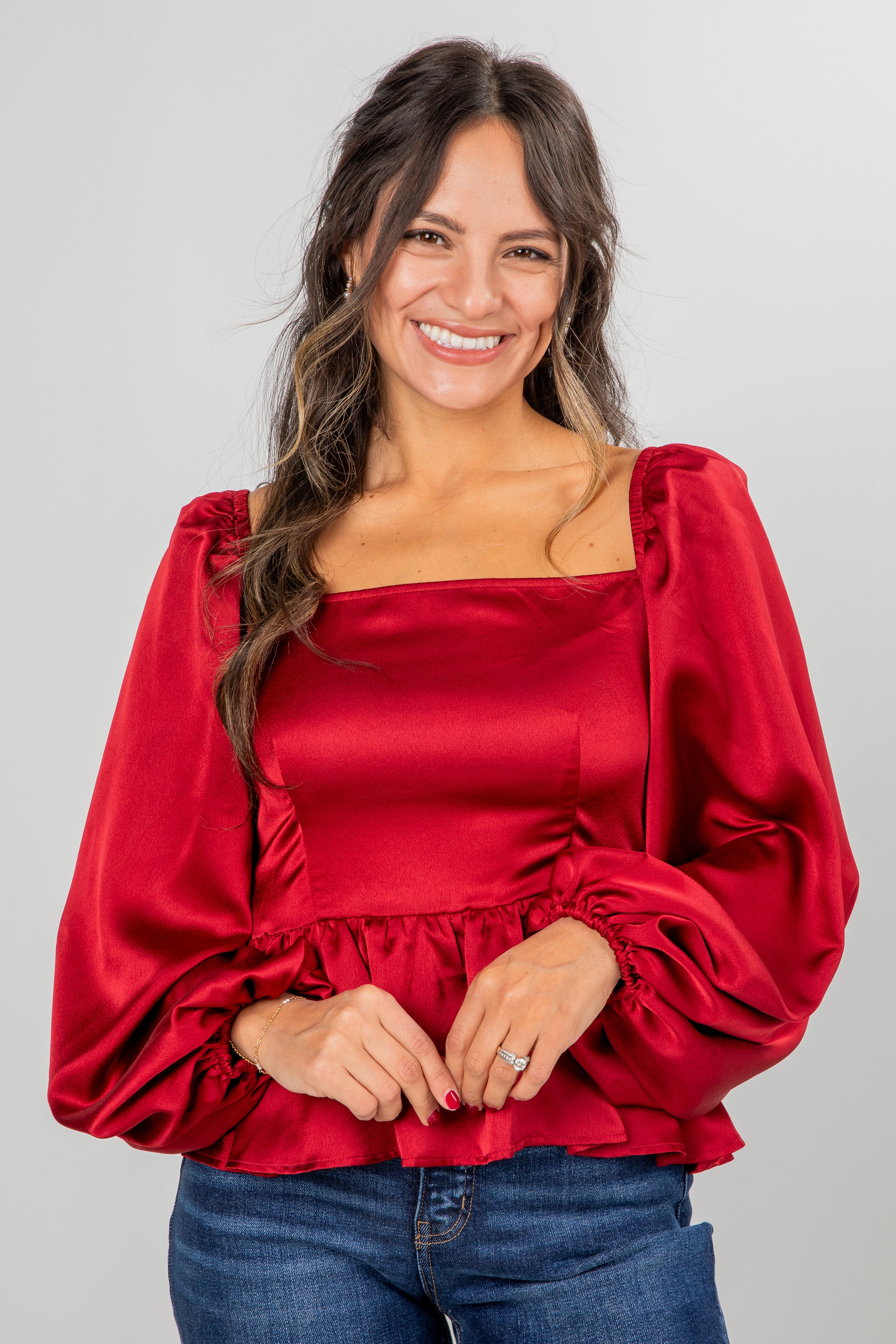 FINAL SALE - Graceful Presence Burgundy Satin Peplum Blouse