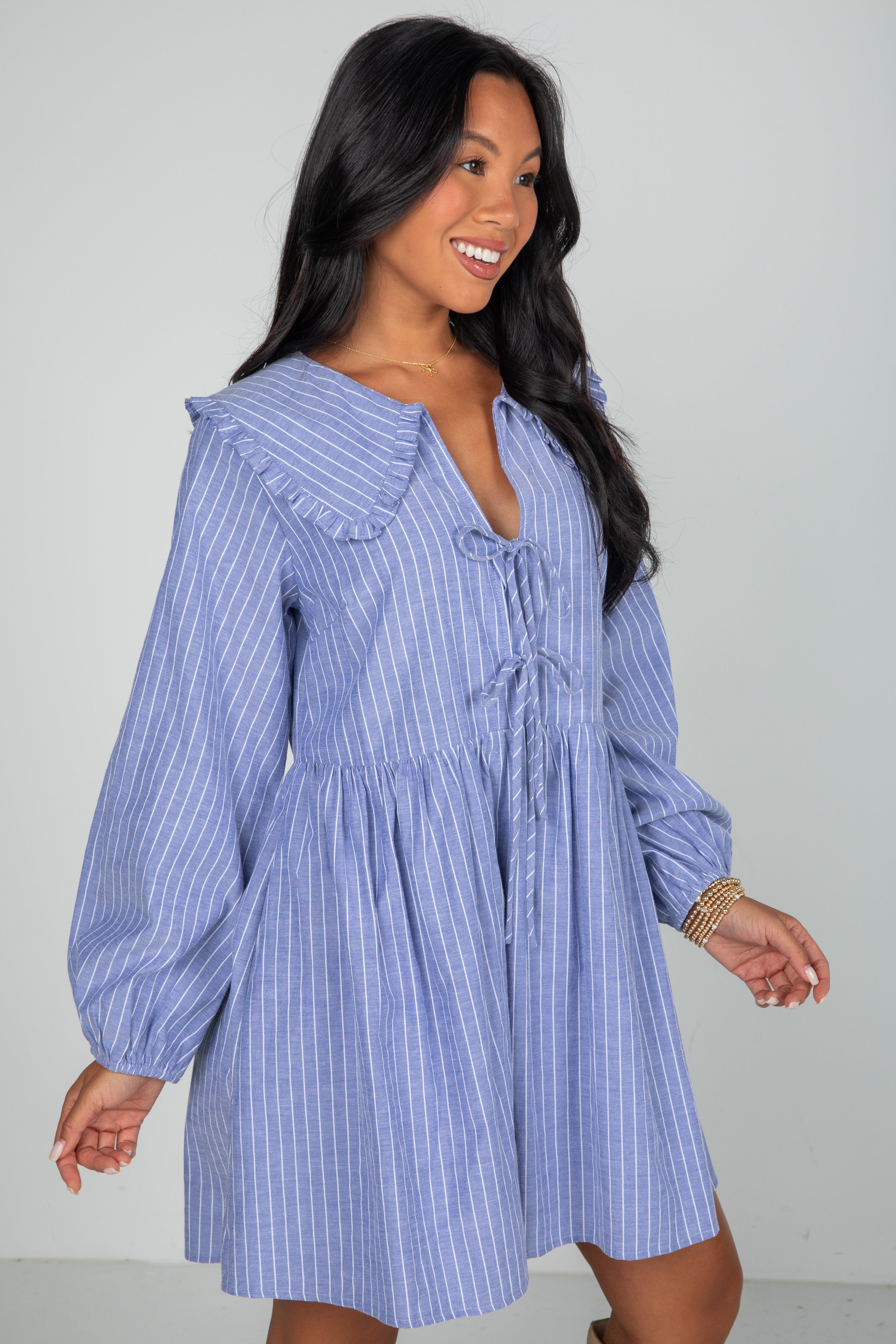 FINAL SALE - Romantic History Denim Striped Babydoll Mini Dress