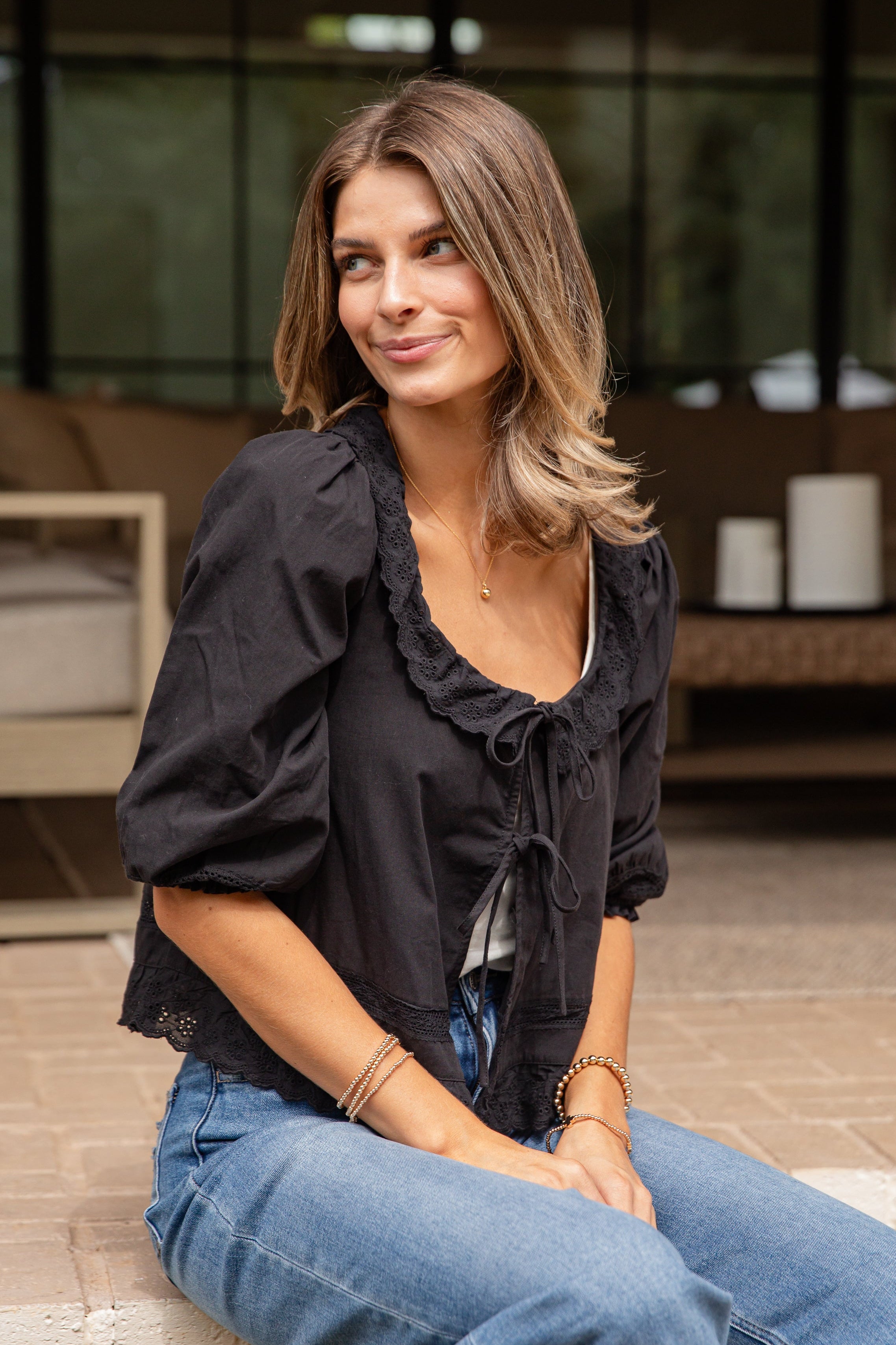 FINAL SALE - All My Dreams Black Eyelet Tie Blouse