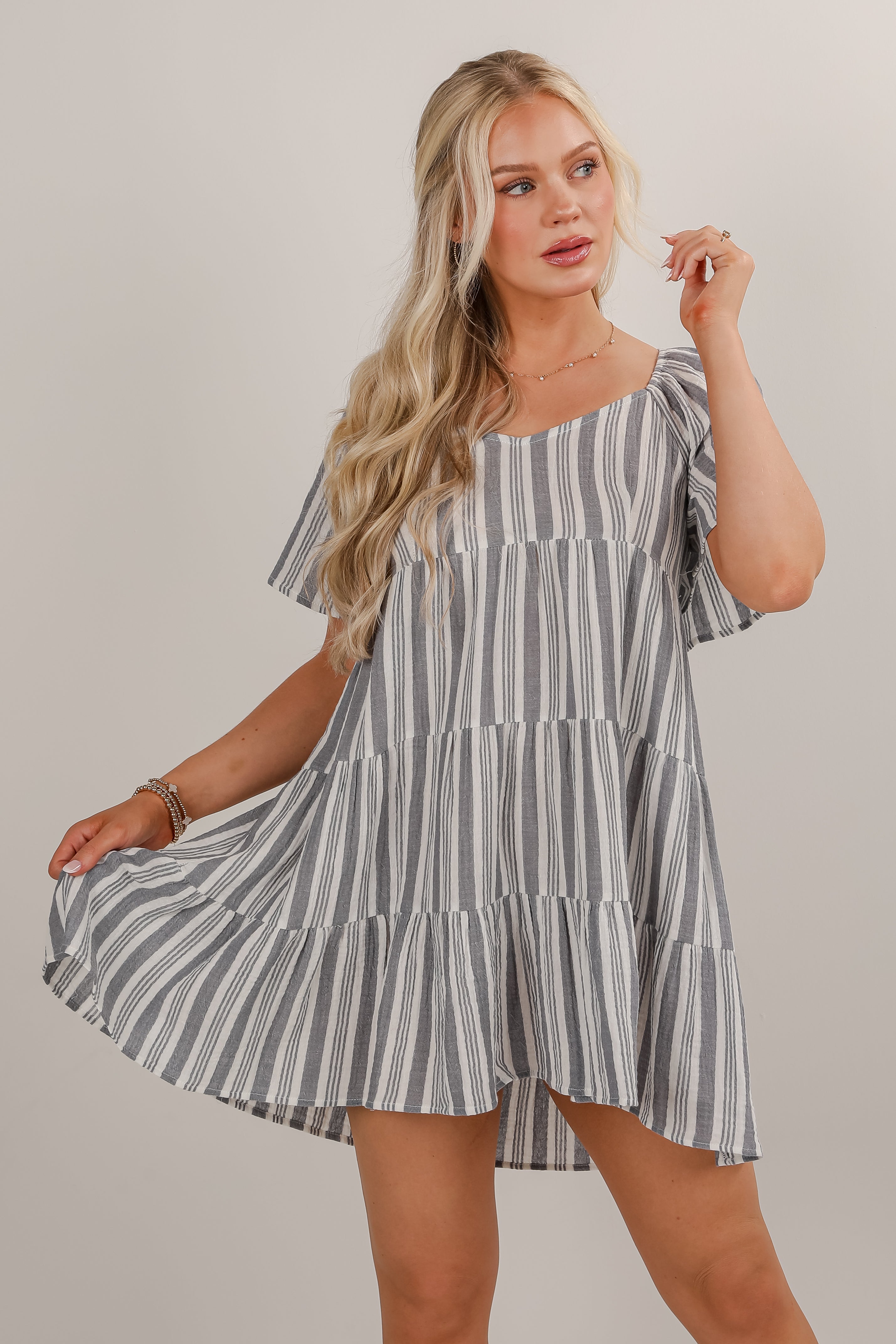 FINAL SALE - Hold Your Breath Denim Striped Linen Tiered Mini Dress