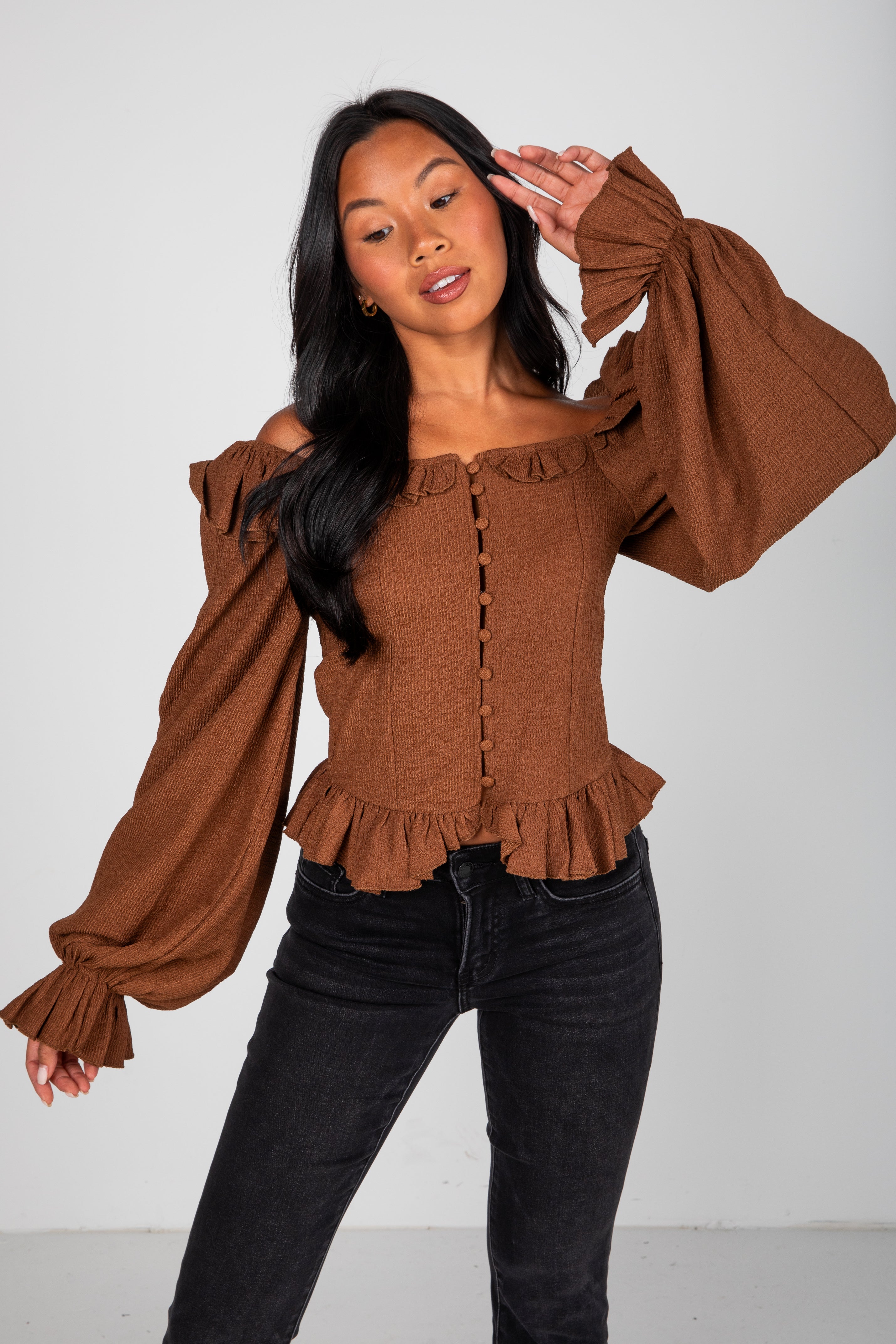 FINAL SALE - Share Your Story Brown Ruffle Blouse
