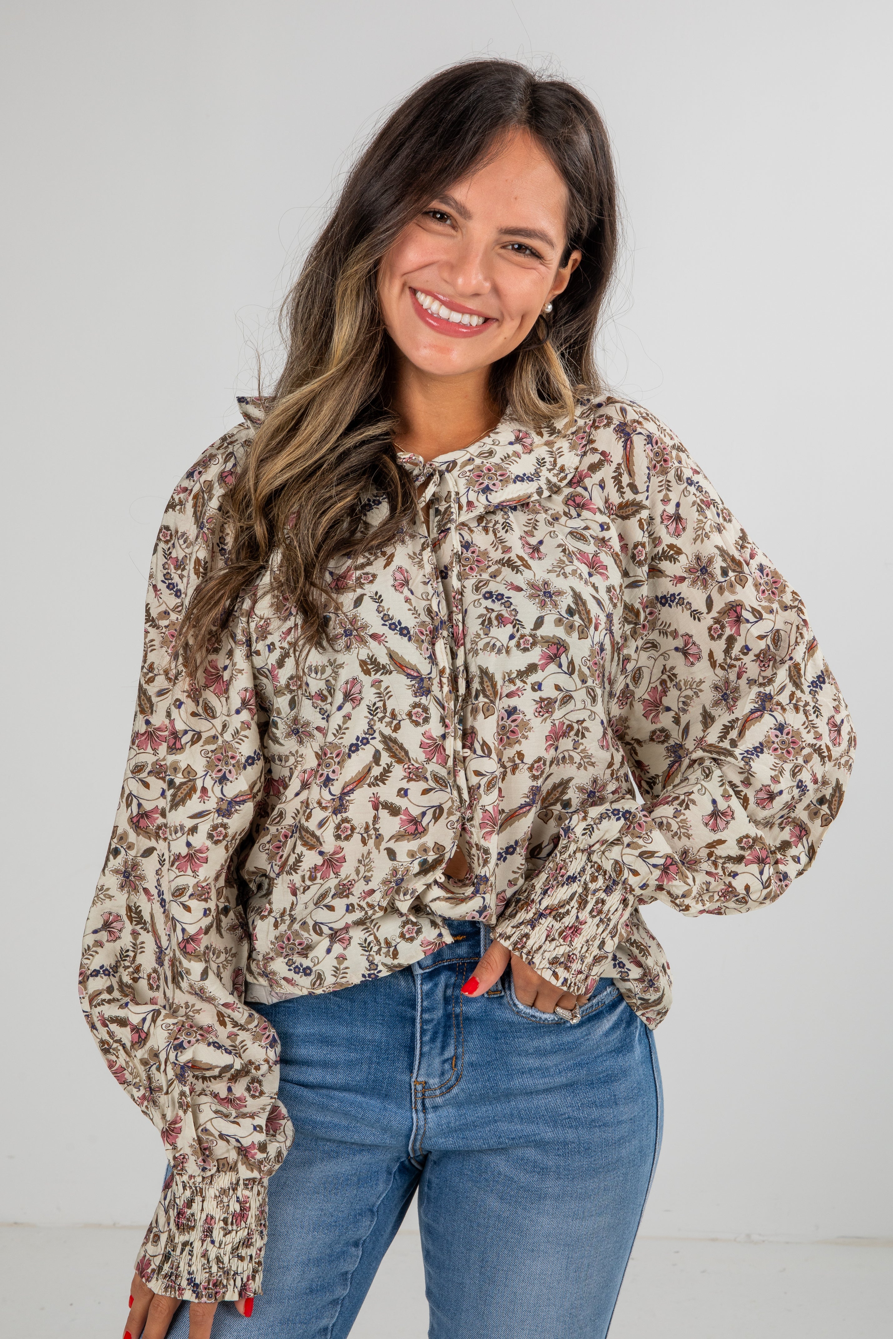 FINAL SALE - Blooming Gently Natural Floral Blouse