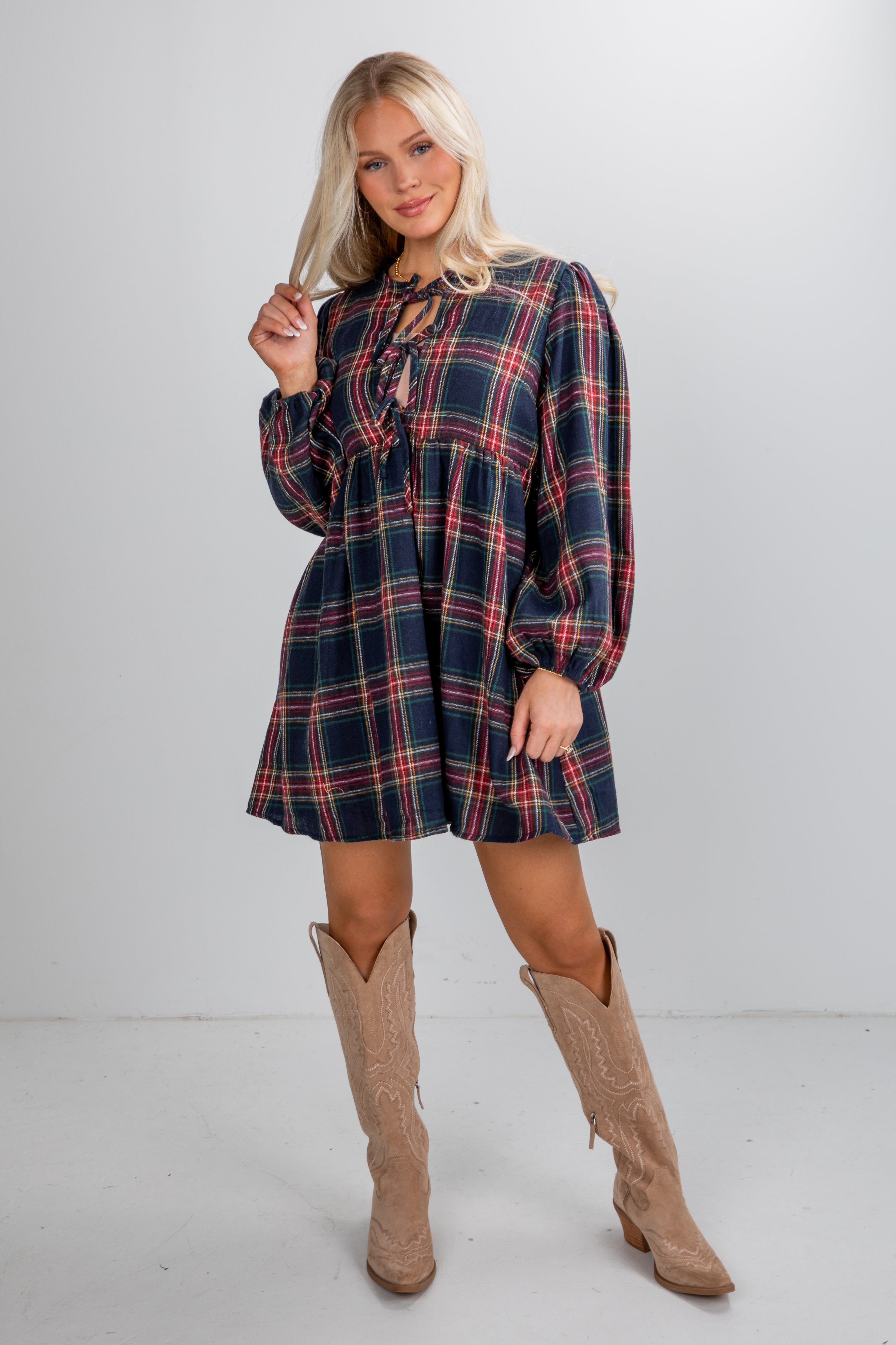 FINAL SALE - Very Merry Moments Plaid Babydoll Mini Dress