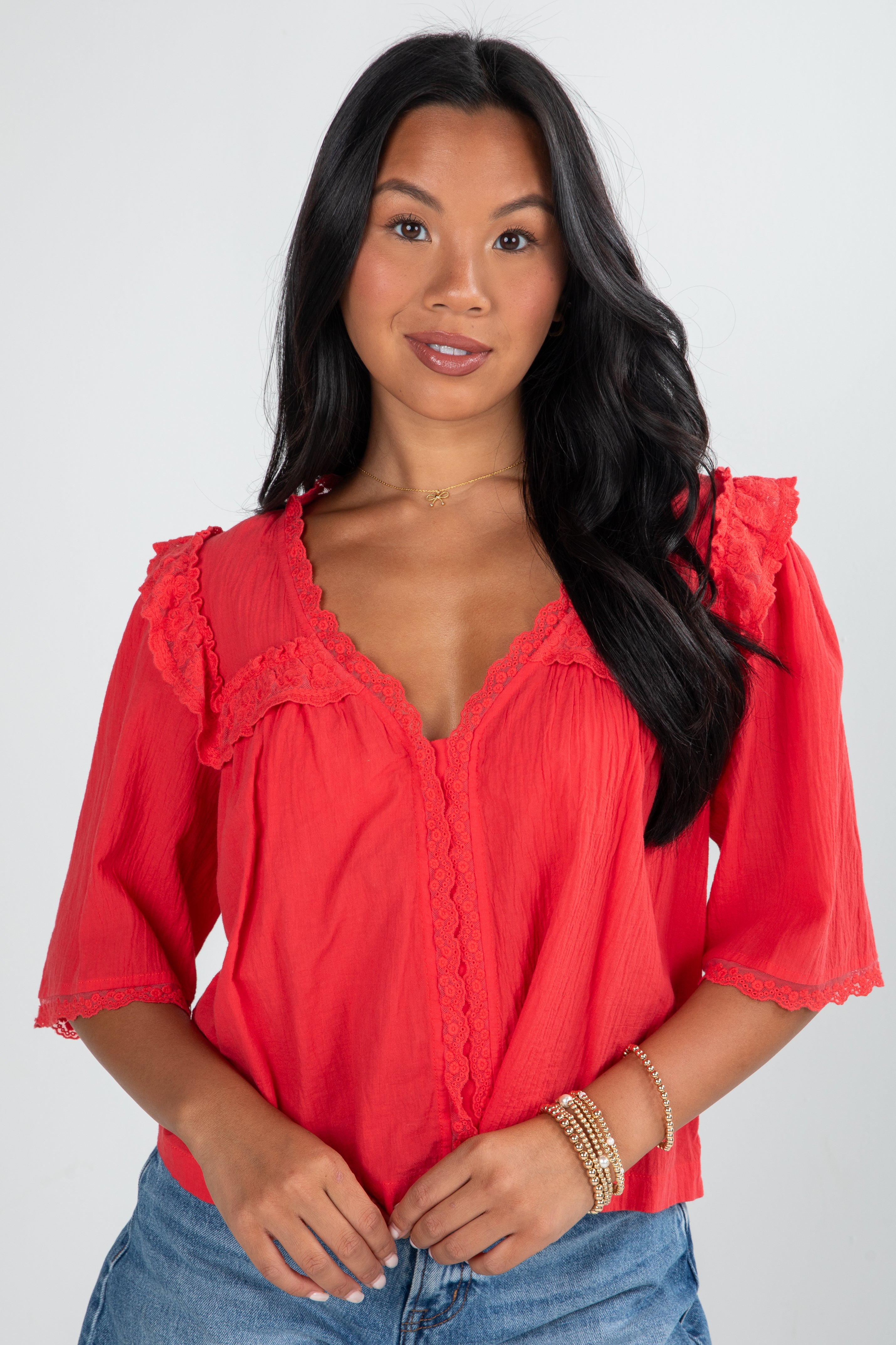 FINAL SALE - Gracefully As She Goes Red Lace Blouse