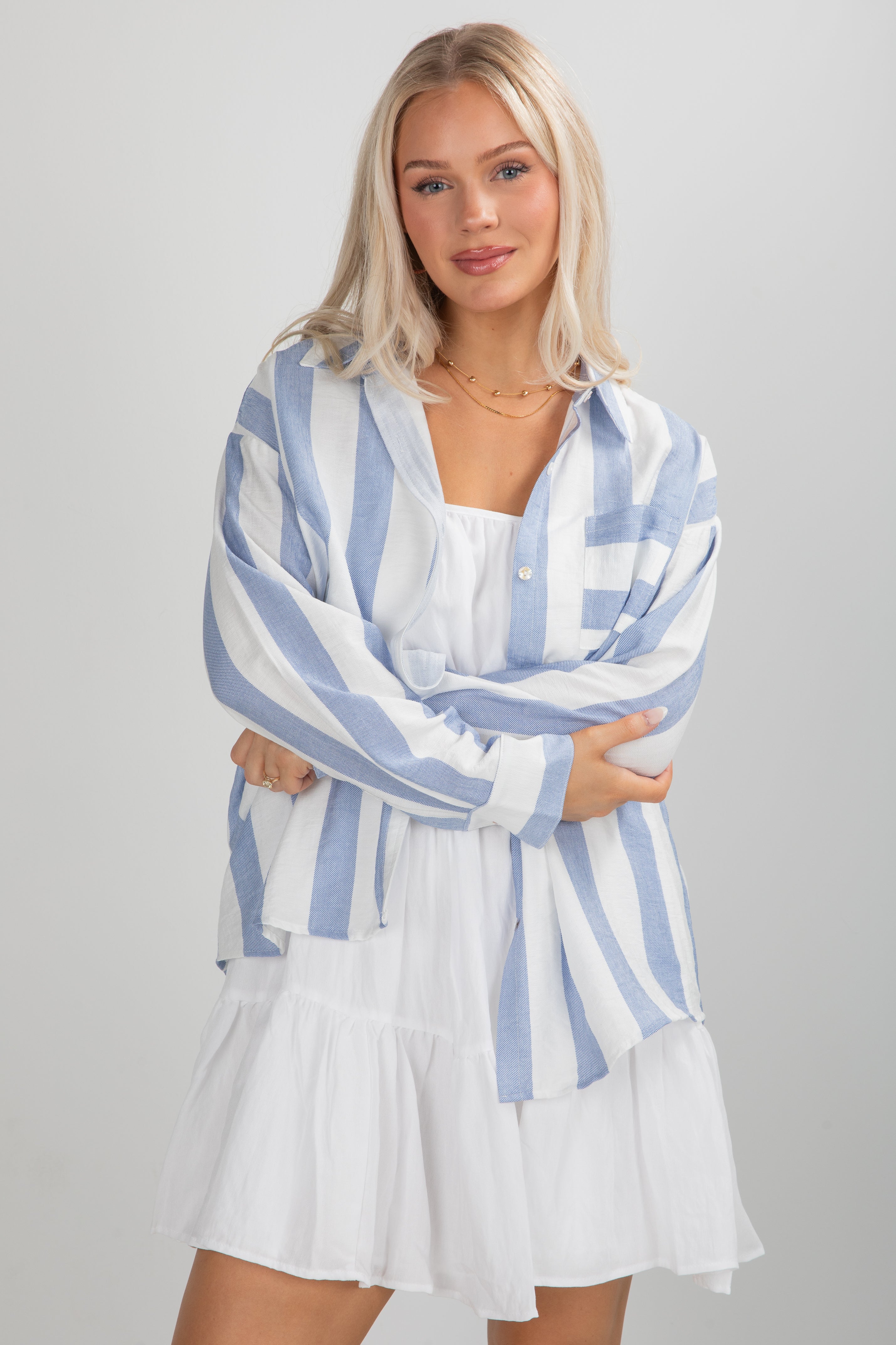 FINAL SALE - Essential Fit Light Blue Striped Button-Up Blouse