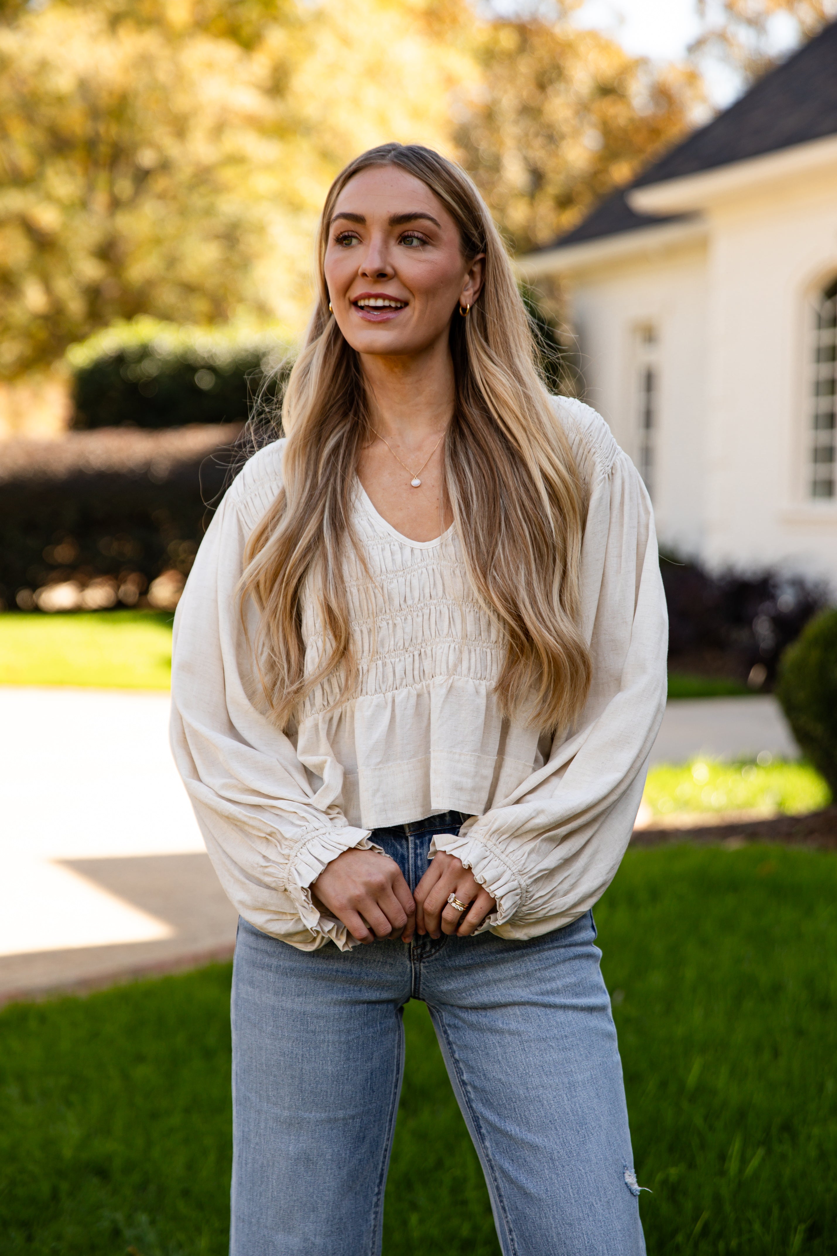 FINAL SALE - All In Time Oatmeal Smocked Blouse