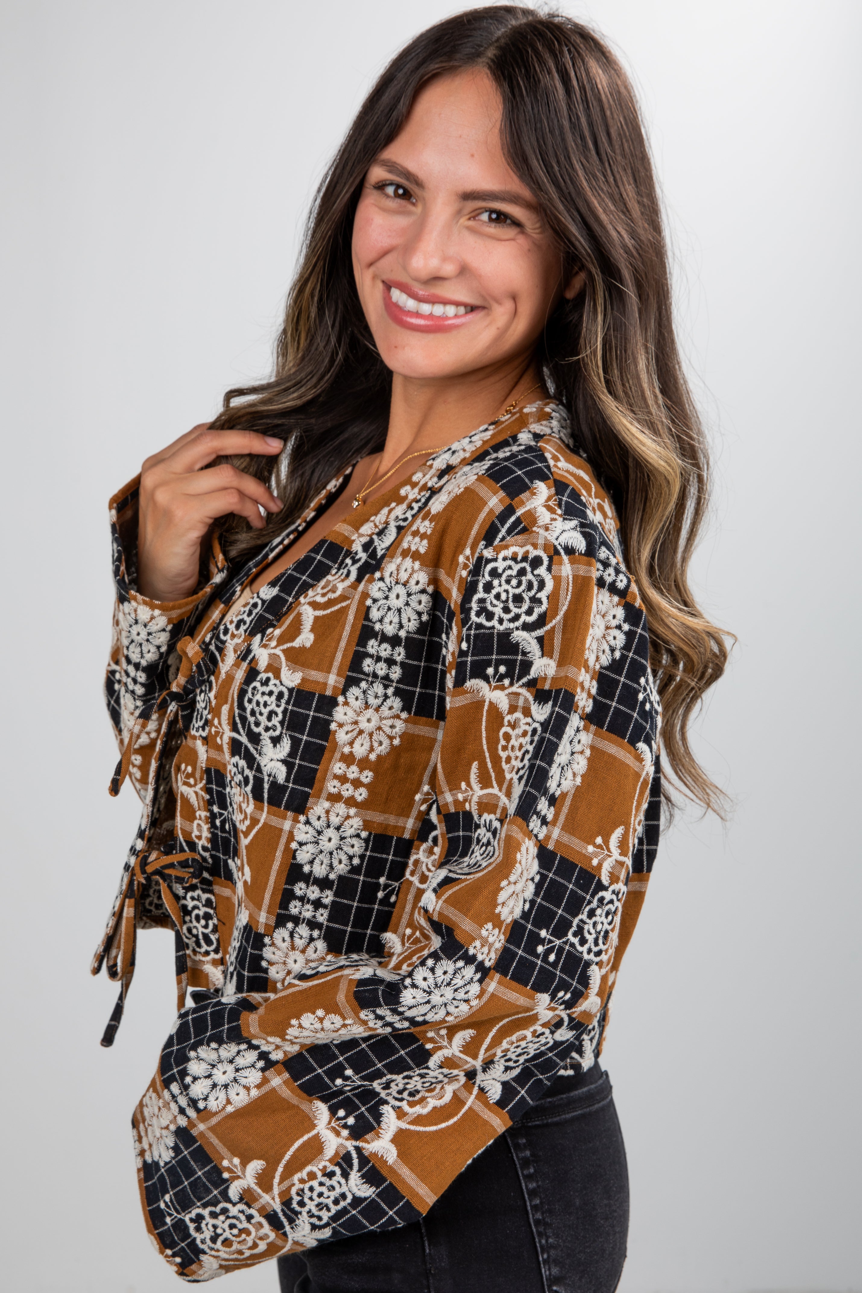 FINAL SALE - Wonderful Times Black Plaid Embroidered Tie Blouse